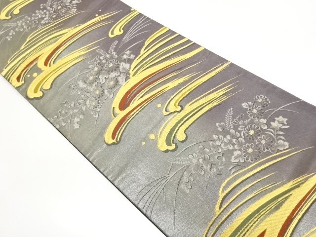 JAPANESE KIMONO / FUKURO OBI / WOVEN AUTUMNAL PLANT & ROUGH WAVE 